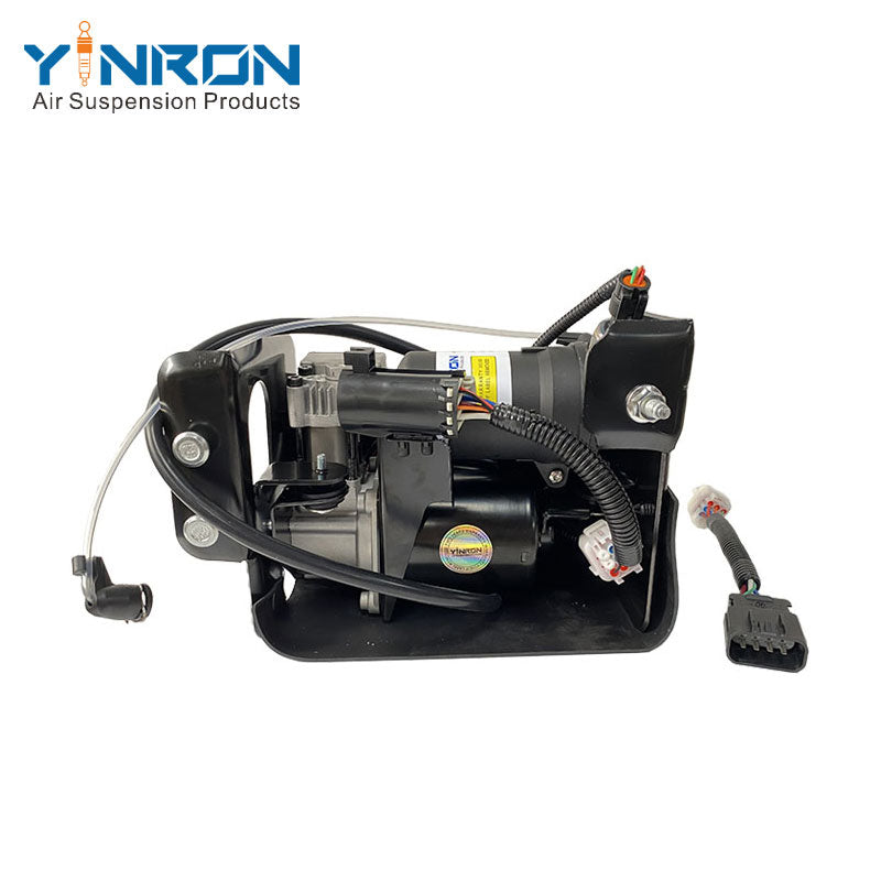 
Side profile view of air suspension compressor pump for Cadillac Escalade II/III, Chevrolet Avalanche and GMC Yukon, part 15254590, with visible air line and relay