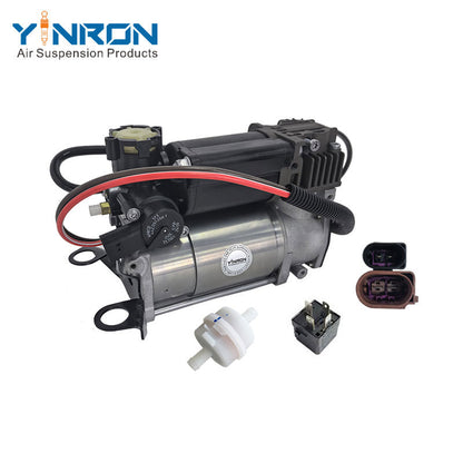 Left rear 45 degree top-down view for Audi A6 C6 Allroad air suspension compressor pump with relay & air filter (4F0616006A)
