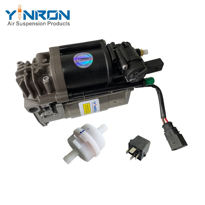 Right front 45 degree view for Audi A8 D4 4H air suspension compressor pump with relay and air filter (4H0616005C)