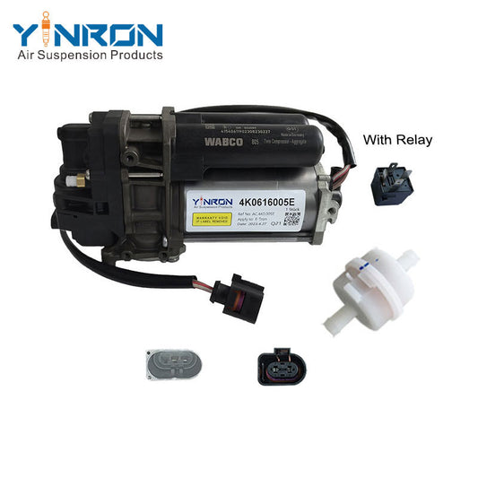 Full front view for Audi E‑Tron air suspension compressor pump with relay and air filter (4KE616005E)
