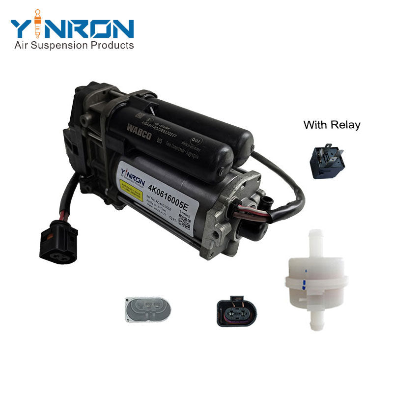 Left front 45 degree view for Audi E‑Tron air suspension compressor pump with relay and air filter (4KE616005E)