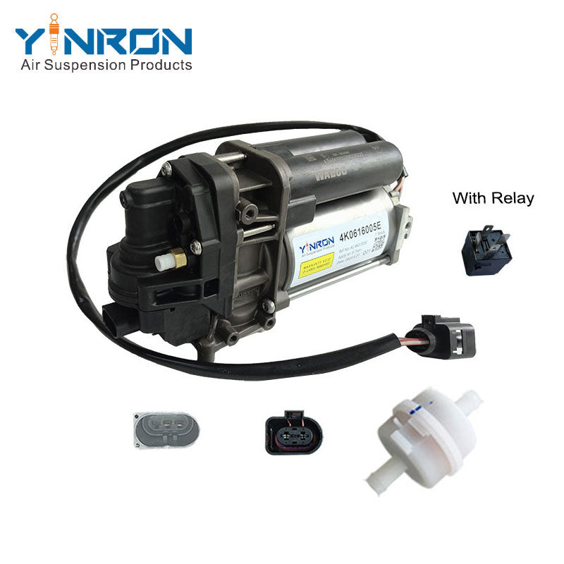 Right front 45 degree view for Audi E‑Tron air suspension compressor pump with relay and air filter (4KE616005E)