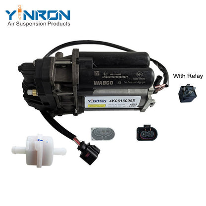 Top down view for Audi E‑Tron air suspension compressor pump with relay and air filter (4KE616005E)