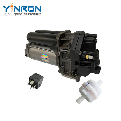 Left rear 45 degree top view for Audi Q7 4M air suspension compressor pump with relay and air filter (4M0616005F or 4M0616005G)
