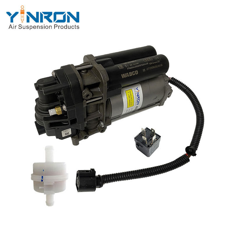 Right front 45 degree view for Audi Q7 4M air suspension compressor pump with relay and air filter (4M0616005F or 4M0616005G)