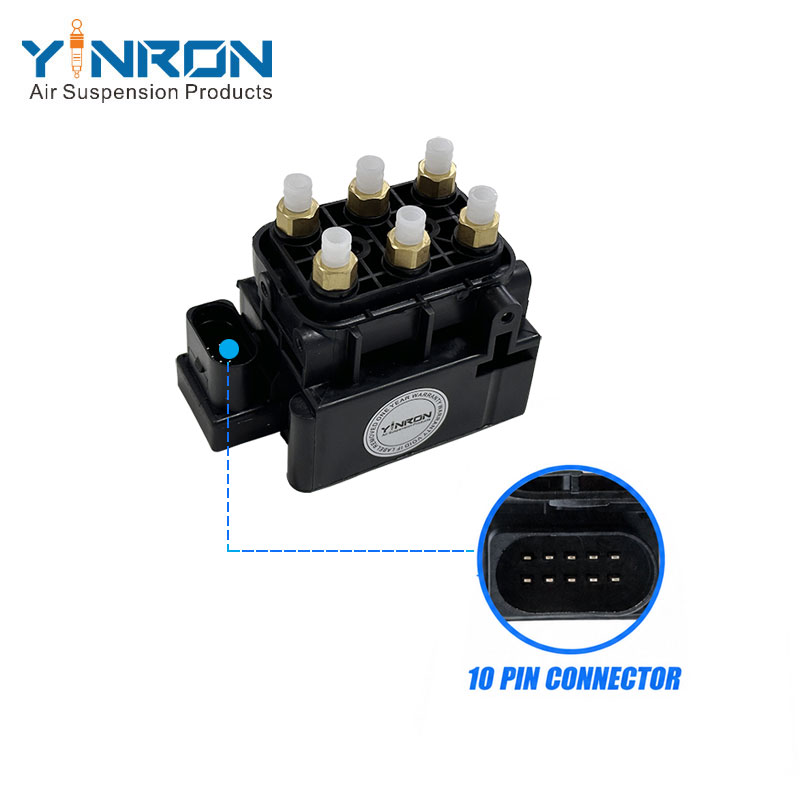 Front isometric view with 10-pin connector callout for Bentley Continental GT GTC Flying Spur air suspension valve block (3D0616013A)
