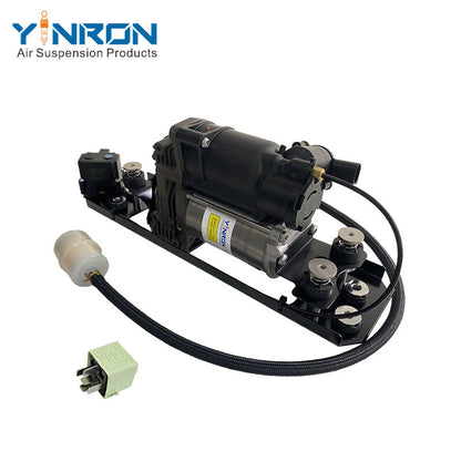 Left front 45 degree view for BMW 5 Series E61 air suspension compressor pump with bracket and valve block with relay and air filter (37106789937)