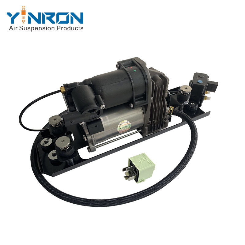 Left rear 45 degree top view for BMW 5 Series E61 air suspension compressor pump with bracket and valve block with relay and air filter (37106789937)