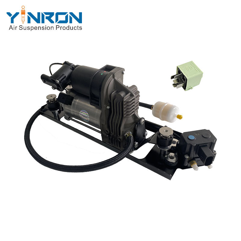 Right rear 45 degree top view for BMW 5 Series E61 air suspension compressor pump with bracket and valve block with relay and air filter (37106789937)