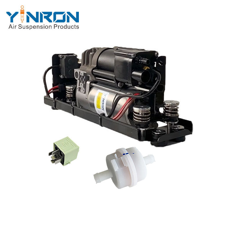 Left front 45 degree view for BMW 5 Series F07 GT F11 air suspension compressor pump with bracket and valve block with relay and air filter (37206875176)