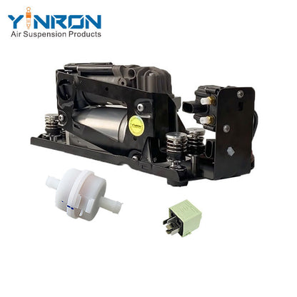 Left rear 45 degree top view for BMW 5 Series F07 GT F11 air suspension compressor pump with bracket and valve block with relay and air filter (37206875176)