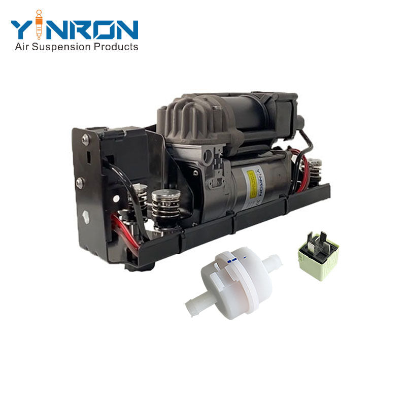 Right front 45 degree view for BMW 5 Series F07 GT F11 air suspension compressor pump with bracket and valve block with relay and air filter (37206875176)