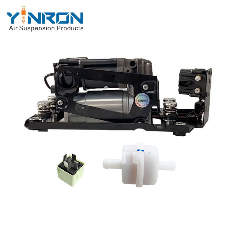 Rear flat view for BMW 7 Series F01 F02 air suspension compressor pump with bracket and valve block with relay and air filter (37206875176)