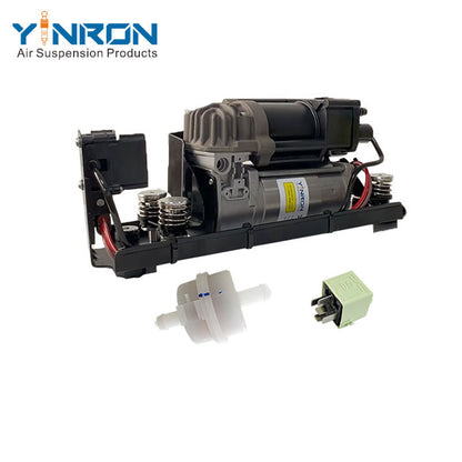 Right front 45 degree view for BMW 7 Series F01 F02 air suspension compressor pump with bracket and valve block with relay and air filter (37206875176)