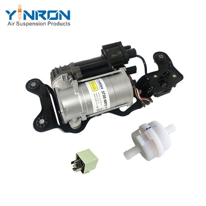 Left front 45 degree view for BMW X5 F15 X6 F16 air suspension compressor pump with bracket and valve block with relay and air filter (37206875177)