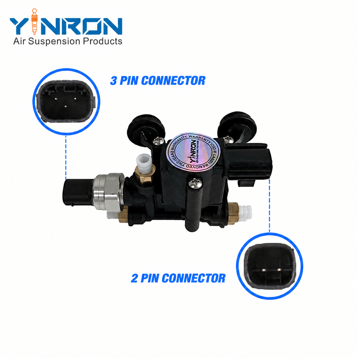 Main view with 3-pin and 2-pin connector details for Land Rover Discovery 4 Range Rover Sport air suspension valve block (RVH500070)