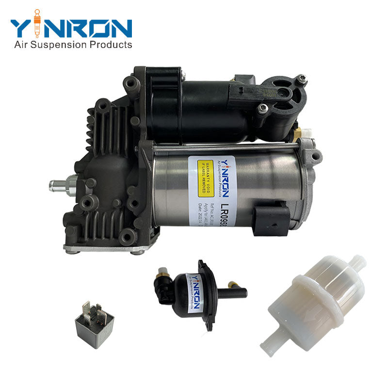 Horizontal eye-level view of Air Compressor Pump for Land Rover Discovery 5 L462 / Range Rover Velar L560 / New Defender L663 (LR095838, with Relay & air filter)