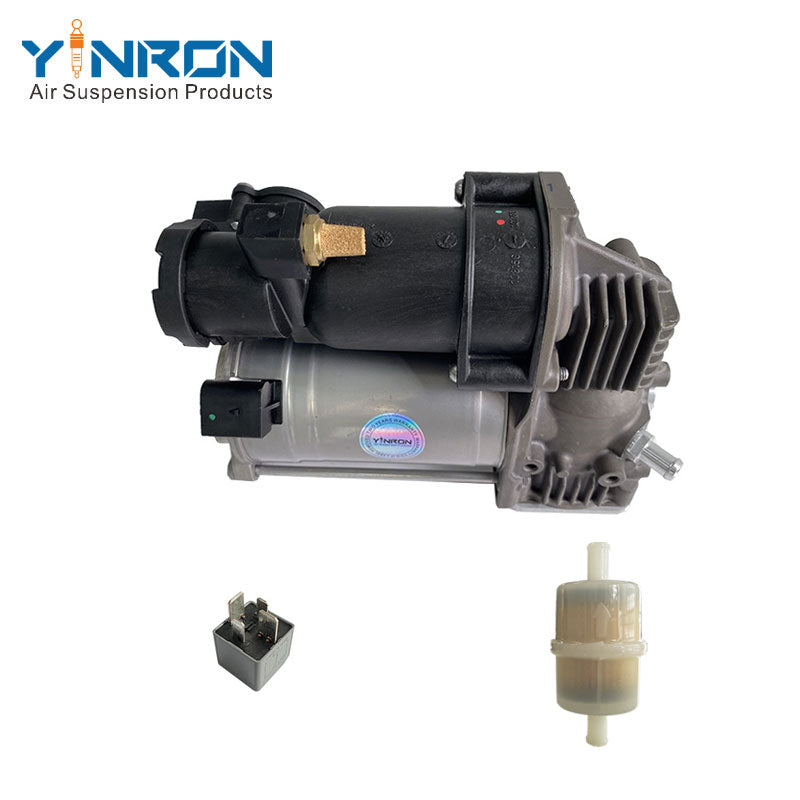 Eye-level horizontal front view of Land Rover L405 Range Rover / L494 Range Rover Sport air suspension compressor pump LR088859 with relay and air filter