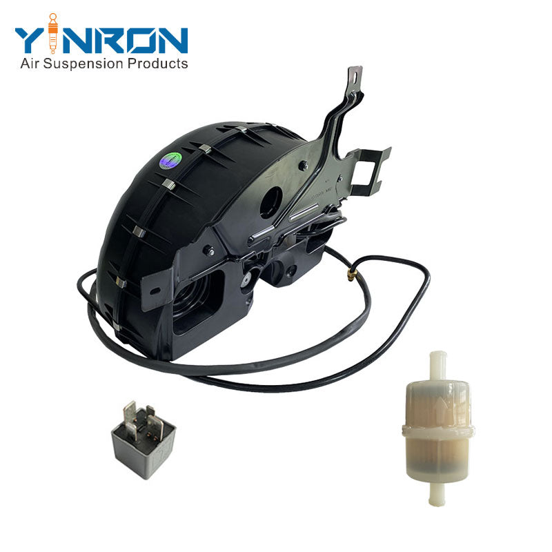 Rear view of Land Rover Range Rover L405 air suspension compressor pump (LR108984) with relay and air filter