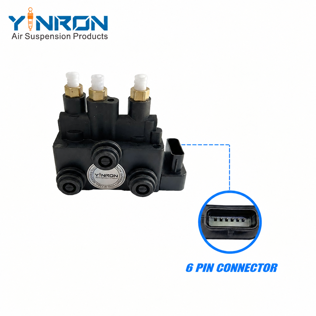 Front view with 6-pin connector inset for Land Rover Range Rover L405 front air suspension valve block (LR037081)