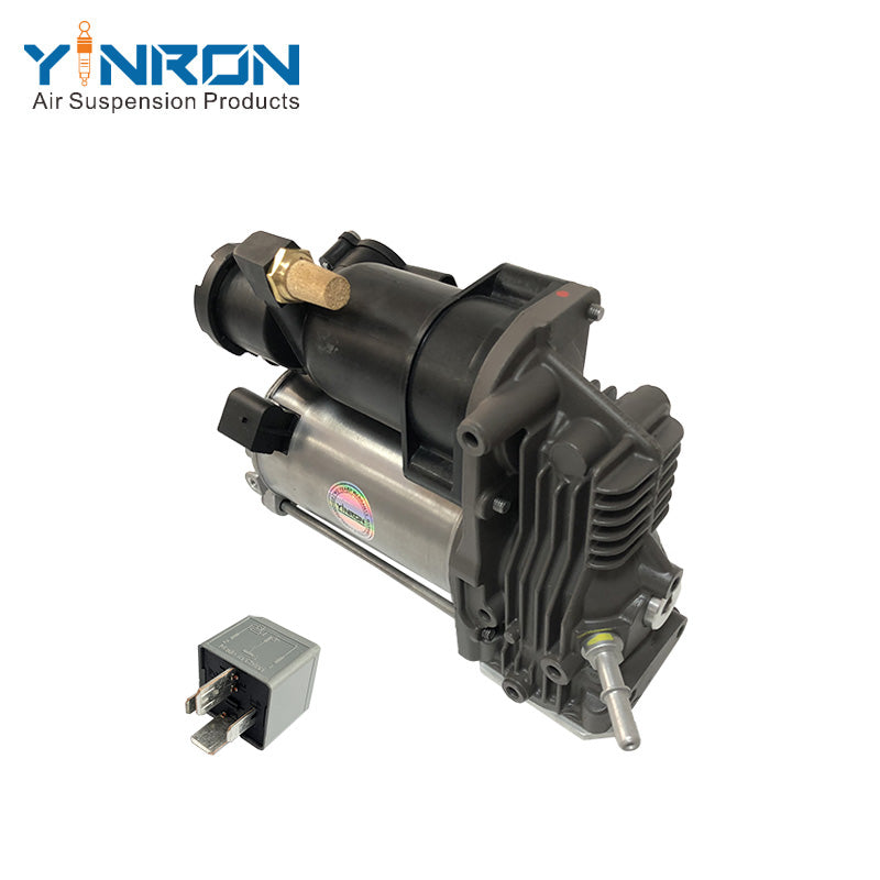 45-degree angled view of Land Rover Range Rover Vogue L322 air suspension compressor pump LR041777 with relay