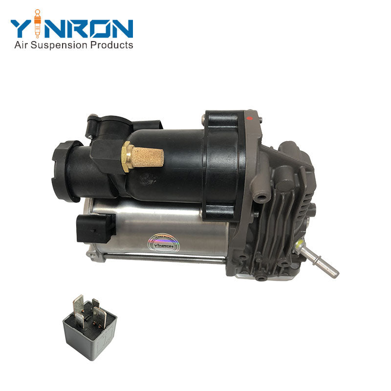 90-degree side view of Land Rover Range Rover Vogue L322 air suspension compressor pump LR041777 including relay