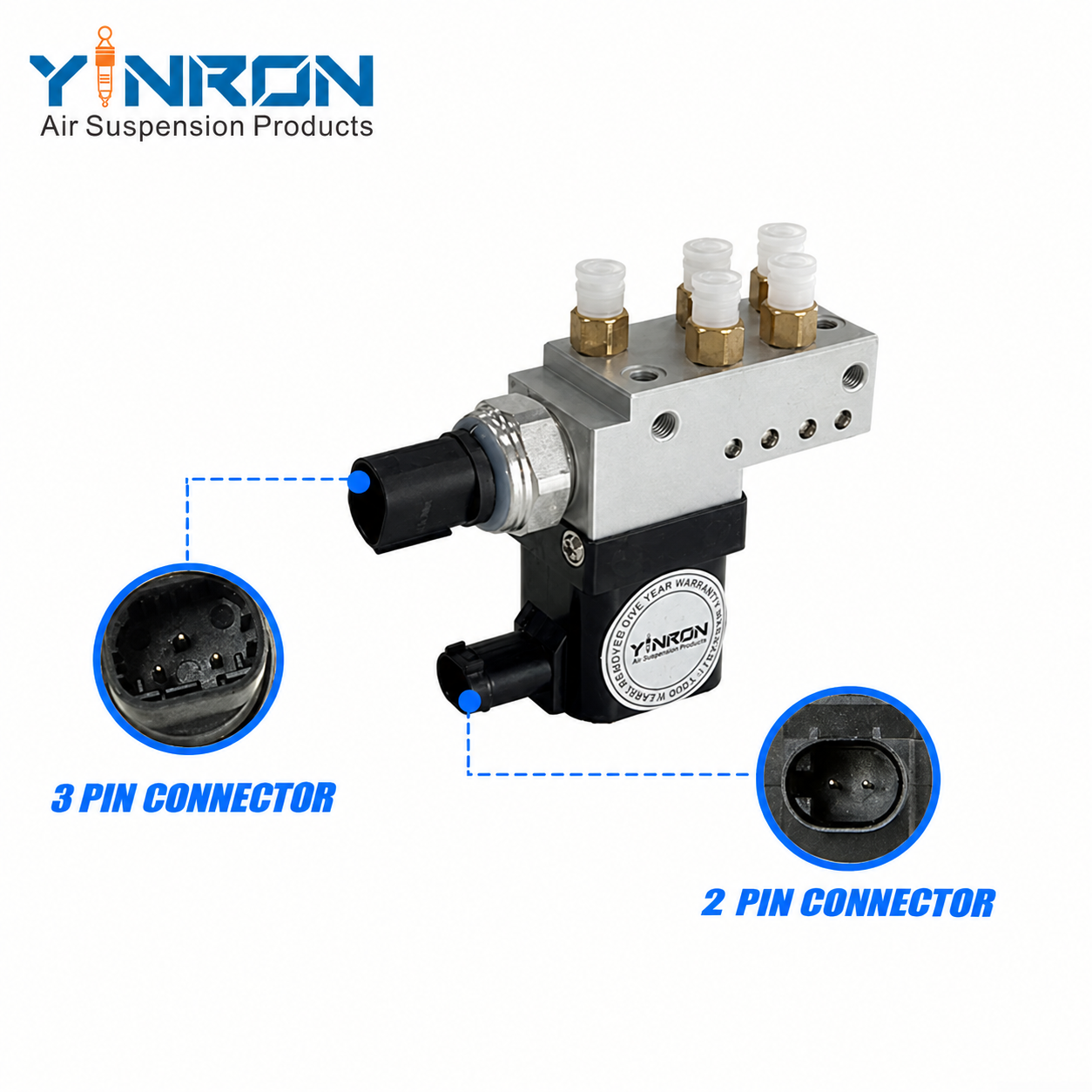 Main view with 3-pin and 2-pin connector details for Mercedes-Benz E-Class W211 S211 air suspension valve block (A2113200158)