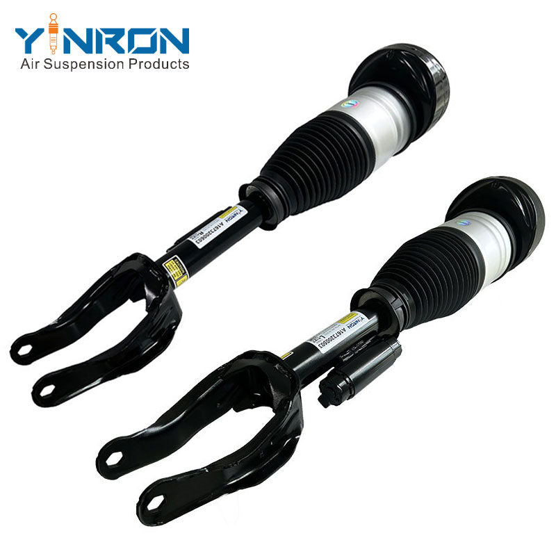 Detailed pair view showing the ADS Plus damping valves of Mercedes-Benz GLE-Class W167 front air suspension struts (A1673200503 & A1673200603)