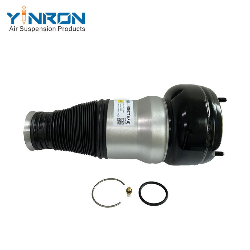 Detailed close-up of the high-quality rubber material and crimping ring on Mercedes-Benz S-Class W222 front air suspension spring