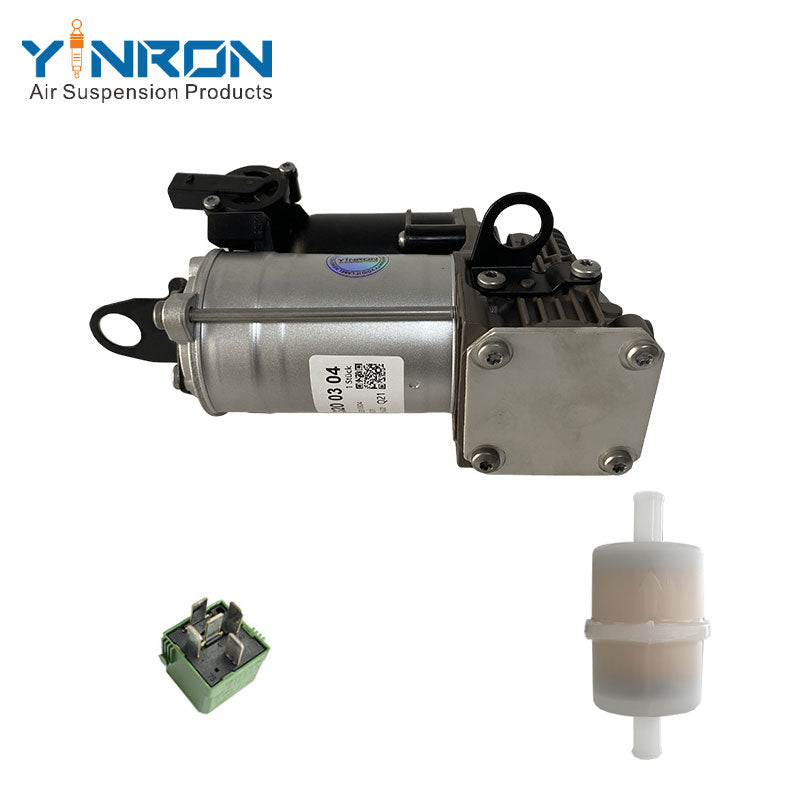 Full main front view of Mercedes S-Class W221 C216 air suspension compressor pump OE A2213200304 with relay and air filter