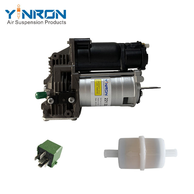 Vertical top-down overhead view of Mercedes W221 C216 air suspension compressor A2213200304 equipped with relay and air filter assembly