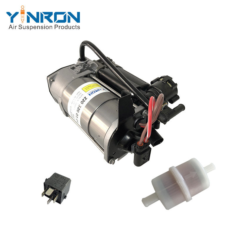 45‑degree angle view of Mercedes‑Benz W220 W211 C219 air suspension compressor pump A2113200304 with relay & air filter