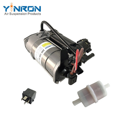 45‑degree angle view of Mercedes‑Benz W220 W211 C219 air suspension compressor pump A2113200304 with relay & air filter