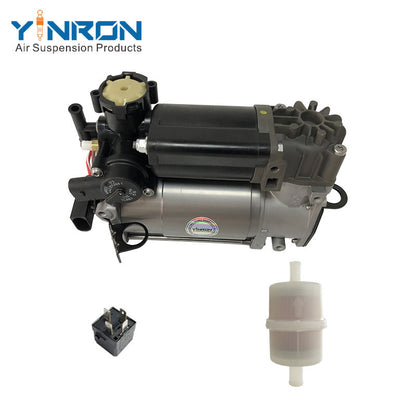 Close‑up detail view of Mercedes‑Benz W220 W211 C219 air suspension compressor pump A2113200304 with relay & air filter