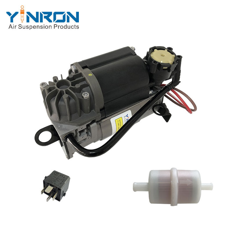 Eye‑level view of Mercedes‑Benz W220 W211 C219 air suspension compressor pump A2113200304 with relay & air filter