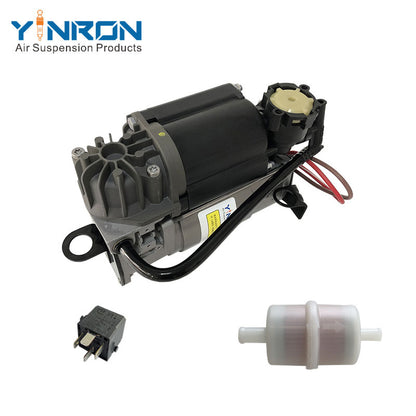 Eye‑level view of Mercedes‑Benz W220 W211 C219 air suspension compressor pump A2113200304 with relay & air filter