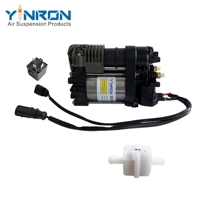 Full front view for Porsche 92A Cayenne II 958 air suspension compressor pump with relay and air filter (95835890100)
