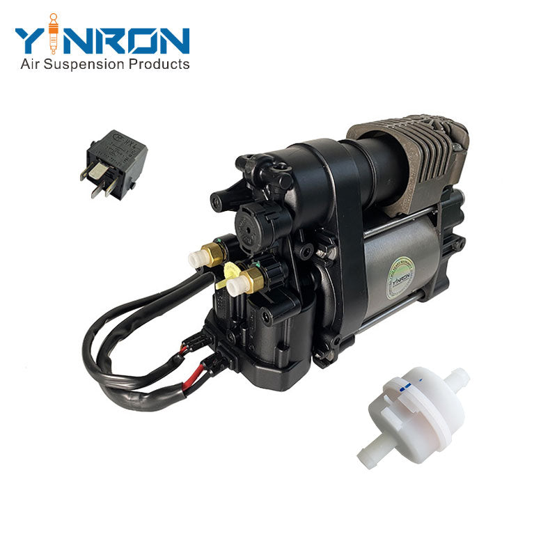 Left rear 45 degree top view for Porsche 92A Cayenne II 958 air suspension compressor pump with relay and air filter (95835890100)
