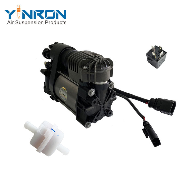 Right rear 45 degree view for Porsche 92A Cayenne II 958 air suspension compressor pump with relay and air filter (95835890100)