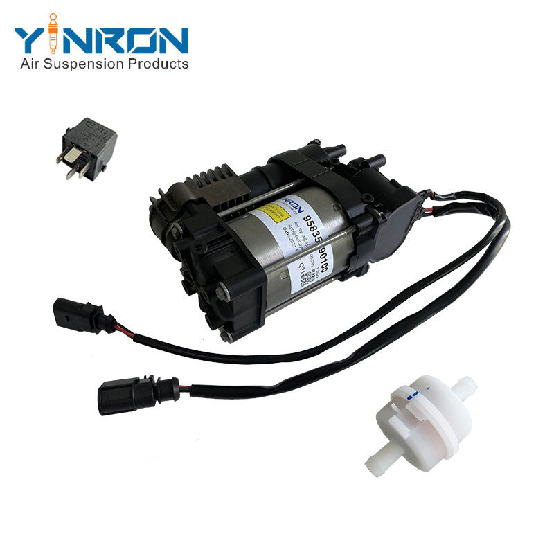 Top down view for Porsche 92A Cayenne II 958 air suspension compressor pump with relay and air filter (95835890100)