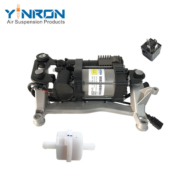 Full front view for Porsche 92A Cayenne II 958 air suspension compressor pump with bracket with relay and air filter (95835890100)