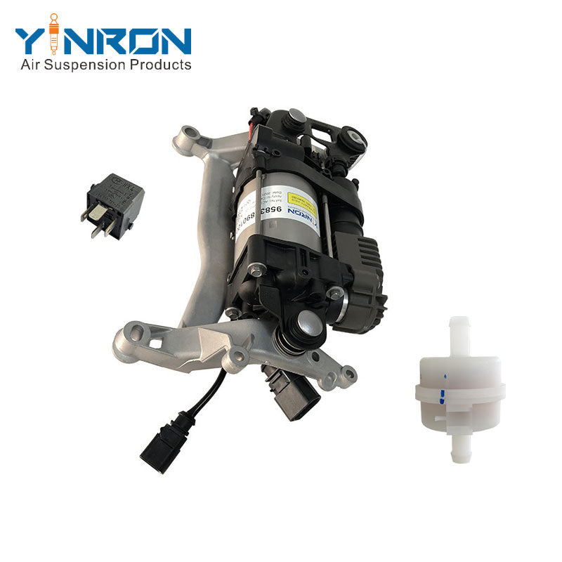 Top down view for Porsche 92A Cayenne II 958 air suspension compressor pump with bracket with relay and air filter (95835890100)
