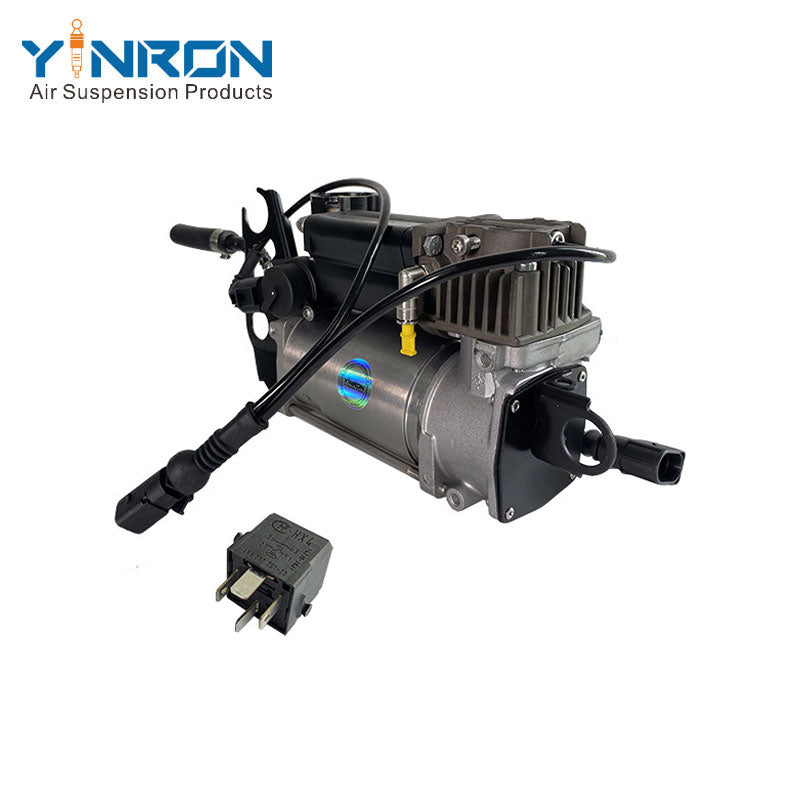 Rear right 45 degree overhead view for Porsche Cayenne 955 air suspension compressor pump with relay (95535890101 and 95535890102)