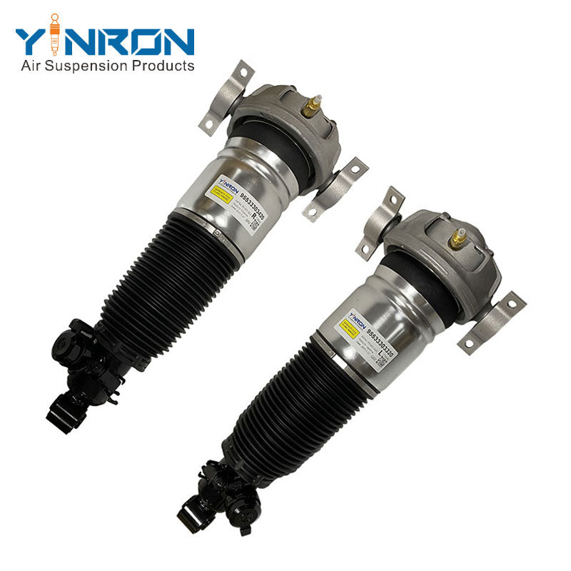 Side pair view of Left & Right Rear Air Suspension Strut for Porsche Cayenne I 955 (2002-2010) equipped with PASM Active Damping, OEM 95533303320 & 95533303420