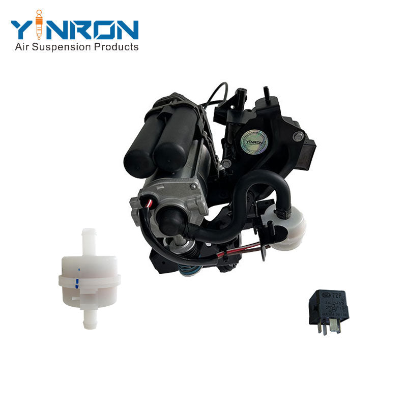 Back view for Porsche Cayenne III 9YA air suspension compressor pump assembly with relay, air filter, bracket and valve block (95861600700)