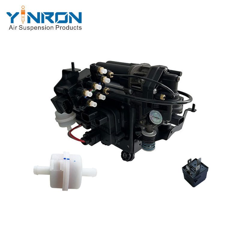 Right side flat view for Porsche Cayenne III 9YA air suspension compressor pump assembly with relay, air filter, bracket and valve block (95861600700)