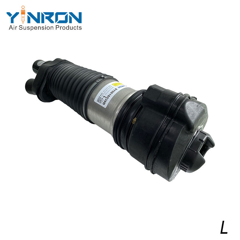 Full side view of Porsche Cayenne III 9YA front air suspension strut with PASM active damping (9Y0616039)
