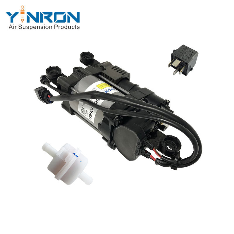 Back view for Porsche Macan 95B air suspension compressor pump with relay and air filter (95B616006C and 95B616006D)
