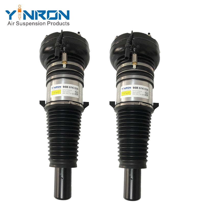 Flat pair view of front left & right PASM air suspension struts for Porsche Macan 95B (95B616039 & 95B616040)