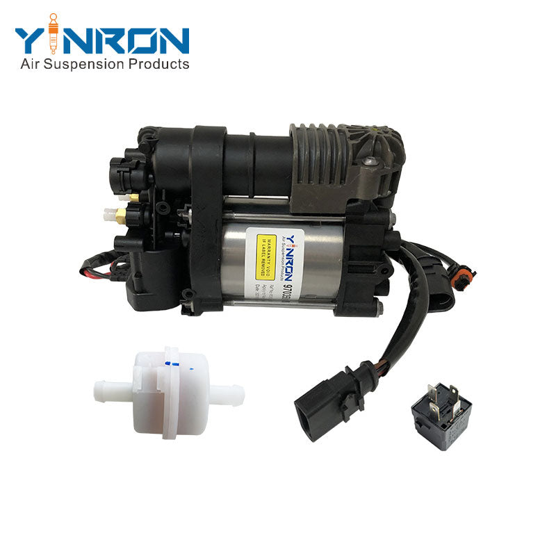 Front flat view for Porsche Panamera 970 air suspension compressor pump with relay and air filter (97035815107 and 97035815108)